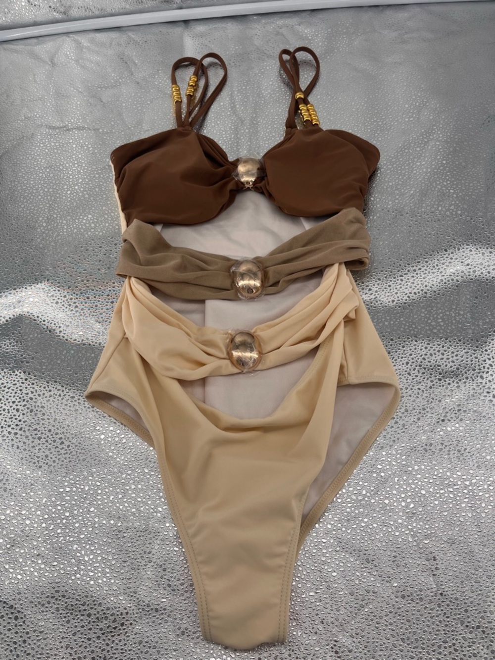Women’s Swimsuit Cutout with Golden Earth tone Hardware Size S looking Expensive